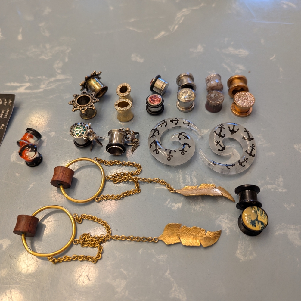 Assorted Ear Plugs & Gauges Set with Gold Feather Dangles